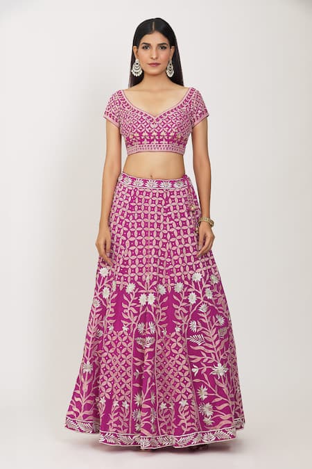 Rohini Bedi Pink Georgette Embroidery, Applique Asymmetric Geometric Bridal Lehenga Set Online at Aza Fashions Rohini Bedi_Pink Georgette Embroidery, Applique Asymmetric Geometric Bridal Lehenga Set _Online_at_Aza_Fashions