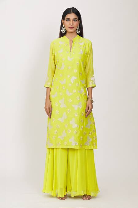 Rohini Bedi Green Georgette Embroidery, Gota Patti Mandarin Applique Kurta Sharara Set Online at Aza Fashions Rohini Bedi_Green Georgette Embroidery, Gota Patti Mandarin Applique Kurta Sharara Set _Online_at_Aza_Fashions