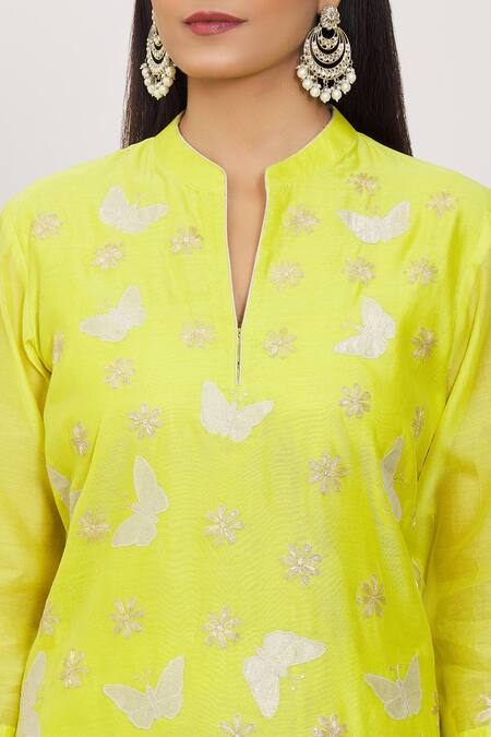 Shop Rohini Bedi Green Georgette Embroidery, Gota Patti Mandarin Applique Kurta Sharara Set Online at Aza Fashions Shop_Rohini Bedi_Green Georgette Embroidery, Gota Patti Mandarin Applique Kurta Sharara Set _Online_at_Aza_Fashions