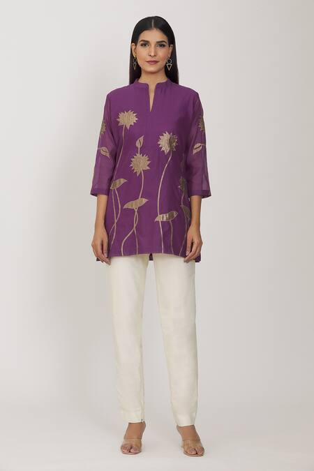 Rohini Bedi Pink Chanderi Embroidery Floral Applique Mandarin Collar Work Tunic Online at Aza Fashions Rohini Bedi_Pink Chanderi Embroidery Floral Applique Mandarin Collar Work Tunic _Online_at_Aza_Fashions