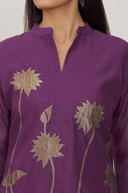 Buy Rohini Bedi Pink Chanderi Embroidery Floral Applique Mandarin Collar Work Tunic Online at Aza Fashions Buy_Rohini Bedi_Pink Chanderi Embroidery Floral Applique Mandarin Collar Work Tunic _Online_at_Aza_Fashions