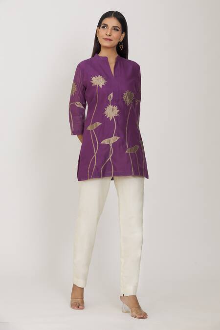 Shop Rohini Bedi Pink Chanderi Embroidery Floral Applique Mandarin Collar Work Tunic Online at Aza Fashions Shop_Rohini Bedi_Pink Chanderi Embroidery Floral Applique Mandarin Collar Work Tunic _Online_at_Aza_Fashions