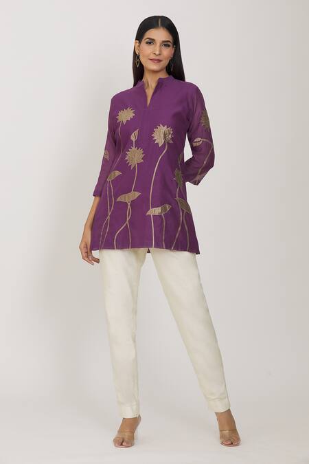 Rohini Bedi Pink Chanderi Embroidery Floral Applique Mandarin Collar Work Tunic at Aza Fashions Rohini Bedi_Pink Chanderi Embroidery Floral Applique Mandarin Collar Work Tunic _at_Aza_Fashions