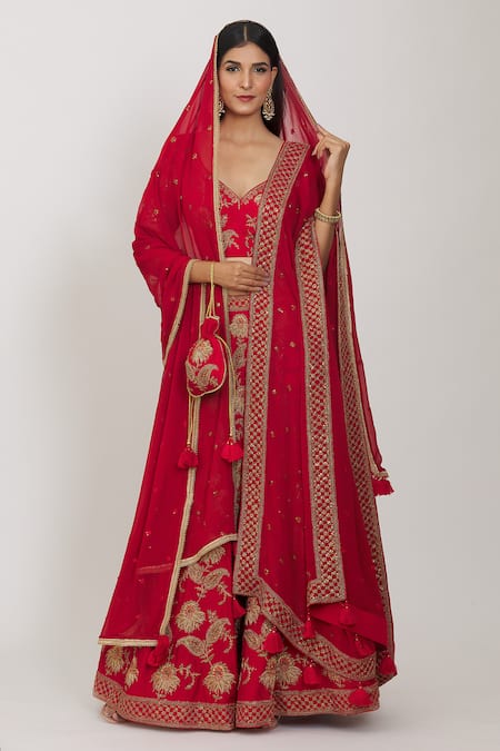 Rohini Bedi Red Raw Silk Embroidery Zari Thread Leaf Neck Bridal Lehenga Set 