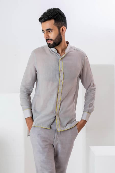 Vaani Beswal Grey Handwoven Cotton Cording Arche Corded Chinese Collar Shirt