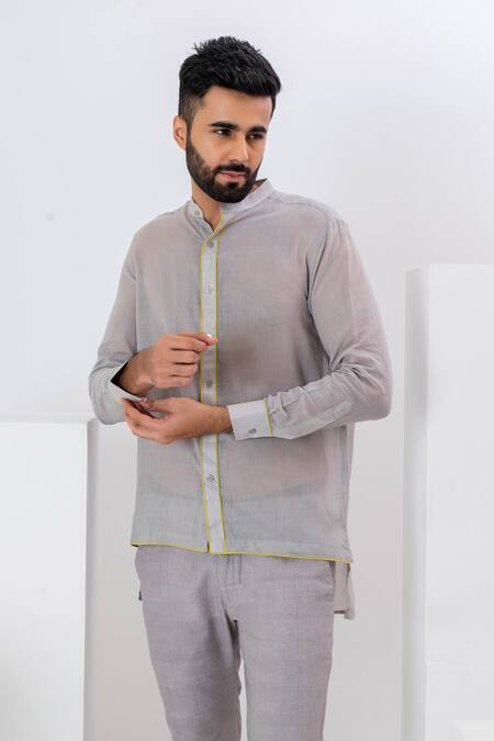 Vaani Beswal Grey Handwoven Cotton Cording Arche Corded Chinese Collar Shirt Online at Aza Fashions Vaani Beswal_Grey Handwoven Cotton Cording Arche Corded Chinese Collar Shirt _Online_at_Aza_Fashions