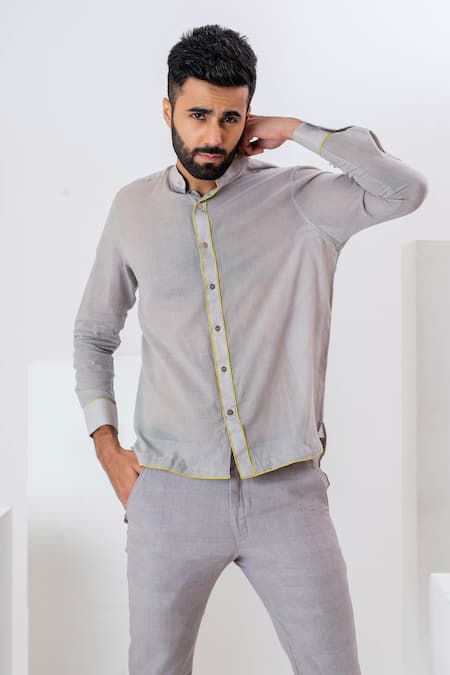Buy Vaani Beswal Grey Handwoven Cotton Cording Arche Corded Chinese Collar Shirt Online at Aza Fashions Buy_Vaani Beswal_Grey Handwoven Cotton Cording Arche Corded Chinese Collar Shirt _Online_at_Aza_Fashions