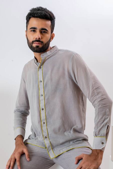Shop Vaani Beswal Grey Handwoven Cotton Cording Arche Corded Chinese Collar Shirt Online at Aza Fashions Shop_Vaani Beswal_Grey Handwoven Cotton Cording Arche Corded Chinese Collar Shirt _Online_at_Aza_Fashions