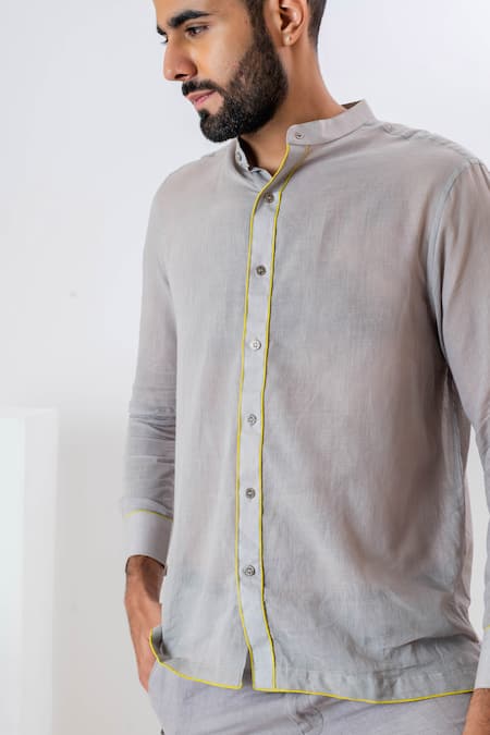 Vaani Beswal Grey Handwoven Cotton Cording Arche Corded Chinese Collar Shirt at Aza Fashions Vaani Beswal_Grey Handwoven Cotton Cording Arche Corded Chinese Collar Shirt _at_Aza_Fashions