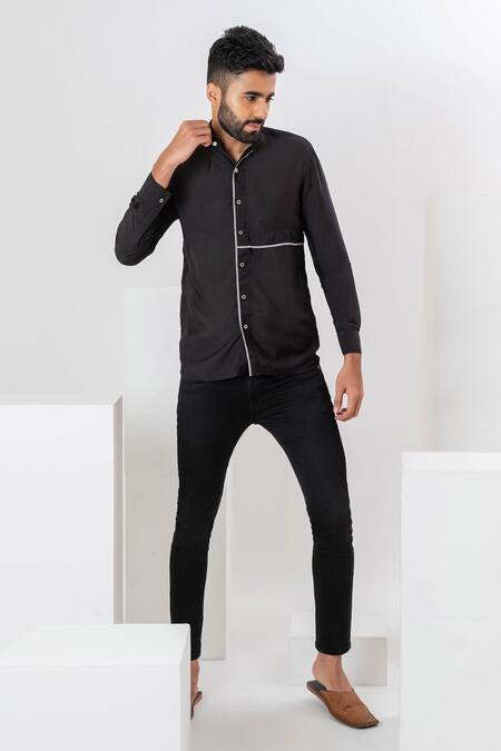 Buy_Vaani Beswal_Black Handwoven Muslin Cording Aster Chinese Collar Shirt _Online_at_Aza_Fashions