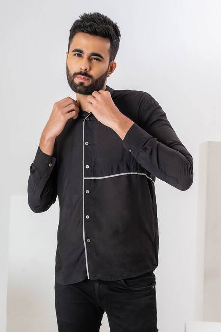 Shop_Vaani Beswal_Black Handwoven Muslin Cording Aster Chinese Collar Shirt _Online_at_Aza_Fashions