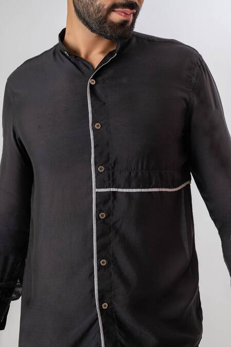Buy_Vaani Beswal_Black Handwoven Muslin Cording Aster Chinese Collar Shirt 