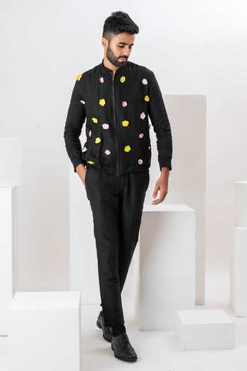 Vaani Beswal_Black Handloom Cotton Embroidery 3d Bloom Applique Bomber Jacket _Online_at_Aza_Fashions