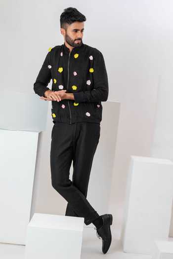 Buy_Vaani Beswal_Black Handloom Cotton Embroidery 3d Bloom Applique Bomber Jacket _Online_at_Aza_Fashions