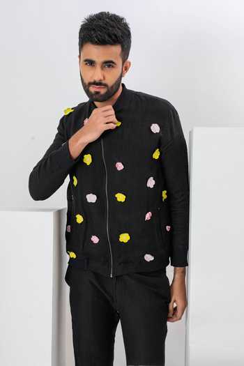 Shop_Vaani Beswal_Black Handloom Cotton Embroidery 3d Bloom Applique Bomber Jacket _Online_at_Aza_Fashions