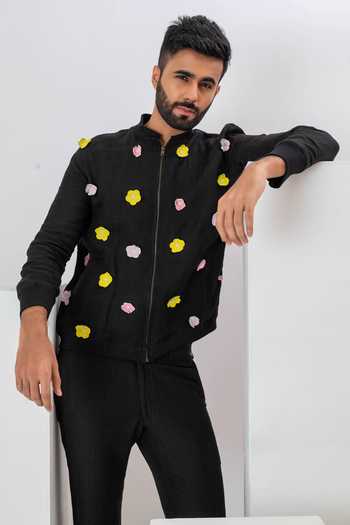 Vaani Beswal_Black Handloom Cotton Embroidery 3d Bloom Applique Bomber Jacket _at_Aza_Fashions