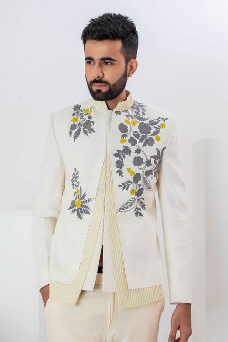 Vaani Beswal_Ivory Handwoven Matka Silk Embroidery Thread Celeste Bloom Jacket _Online_at_Aza_Fashions
