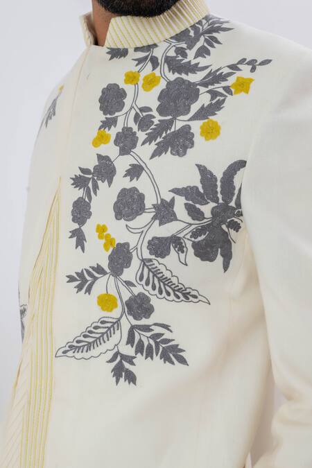Shop_Vaani Beswal_Ivory Handwoven Matka Silk Embroidery Thread Celeste Bloom Jacket _Online_at_Aza_Fashions