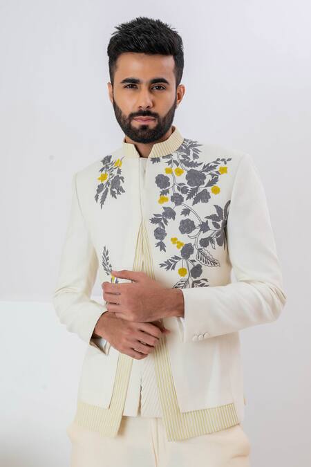 Vaani Beswal_Ivory Handwoven Matka Silk Embroidery Thread Celeste Bloom Jacket _at_Aza_Fashions