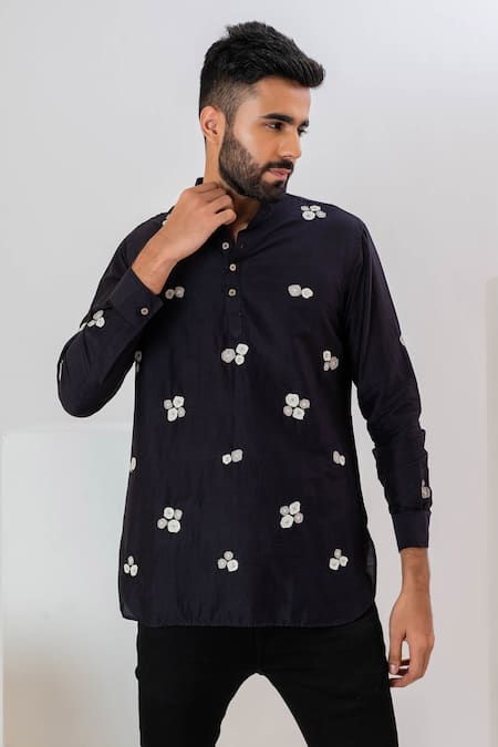 Buy Vaani Beswal Black Handloom Cotton, Silk Embroidery Moonlight Celeste Applique Short Kurta Online at Aza Fashions Buy_Vaani Beswal_Black Handloom Cotton, Silk Embroidery Moonlight Celeste Applique Short Kurta _Online_at_Aza_Fashions