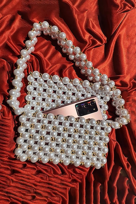 Buy_Rubilon_White Faux Pearl Woven Handbag _Online_at_Aza_Fashions