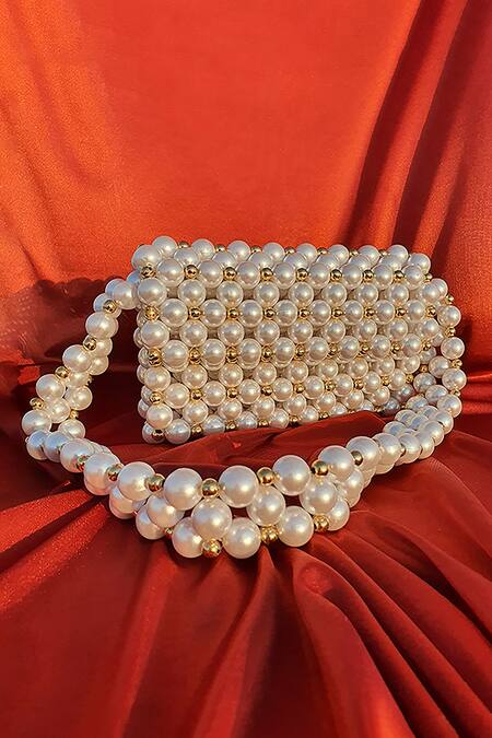 Shop_Rubilon_White Faux Pearl Woven Handbag _Online_at_Aza_Fashions