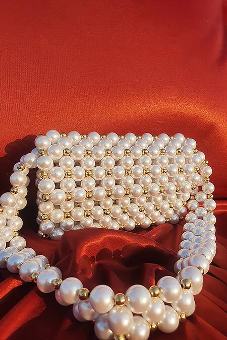 Rubilon_White Faux Pearl Woven Handbag _at_Aza_Fashions