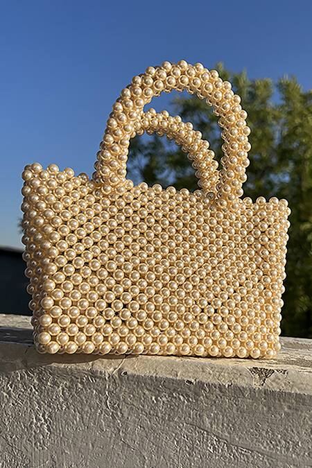 Rubilon_Beige Faux Pearl Elsa Woven Bag _Online_at_Aza_Fashions