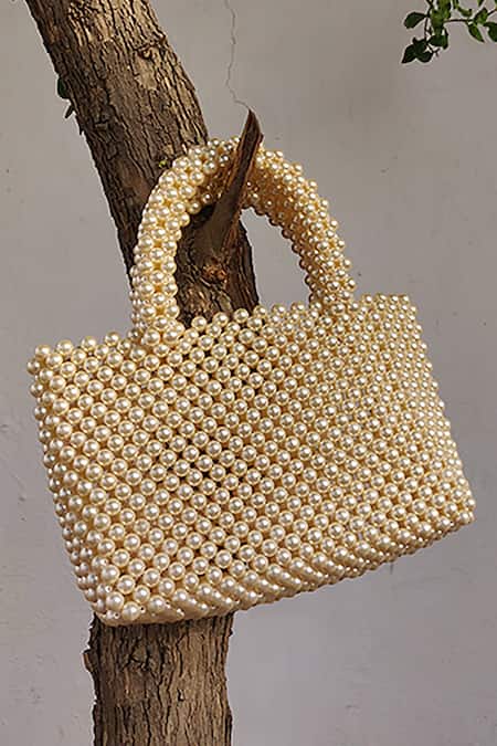 Shop_Rubilon_Beige Faux Pearl Elsa Woven Bag _Online_at_Aza_Fashions