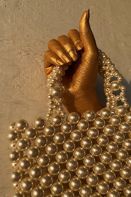 Rubilon_Beige Faux Pearl Venus Rectangle Shaped Woven Bag _Online_at_Aza_Fashions