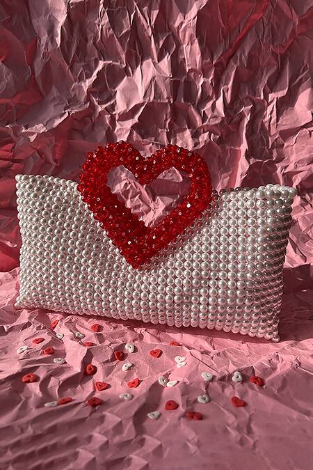 Rubilon White Acrylic Crystal Heartlet Pearl Woven Bag at Aza Fashions Rubilon_White Acrylic Crystal Heartlet Pearl Woven Bag _at_Aza_Fashions