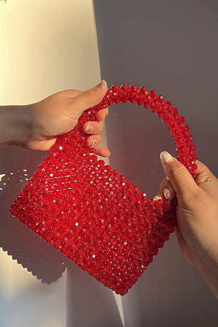 Rubilon_Red Rosa Crystal Embellished Bag _Online_at_Aza_Fashions