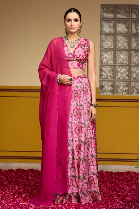 Baaro Masi Pink Muslin, Organza Embroidery V-neck Floral Print Blouse Lehenga Set 