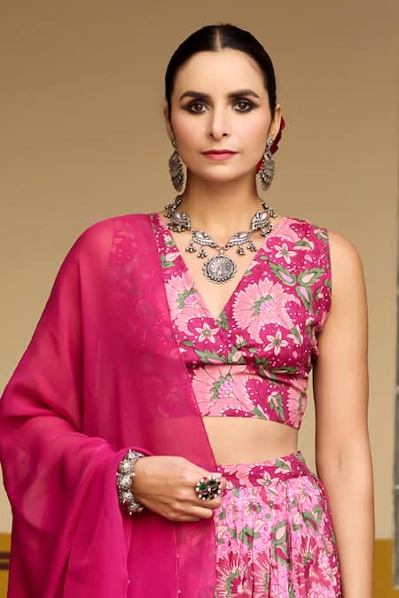 Baaro Masi_Pink Muslin, Organza Embroidery V-neck Floral Print Blouse Lehenga Set _Online_at_Aza_Fashions