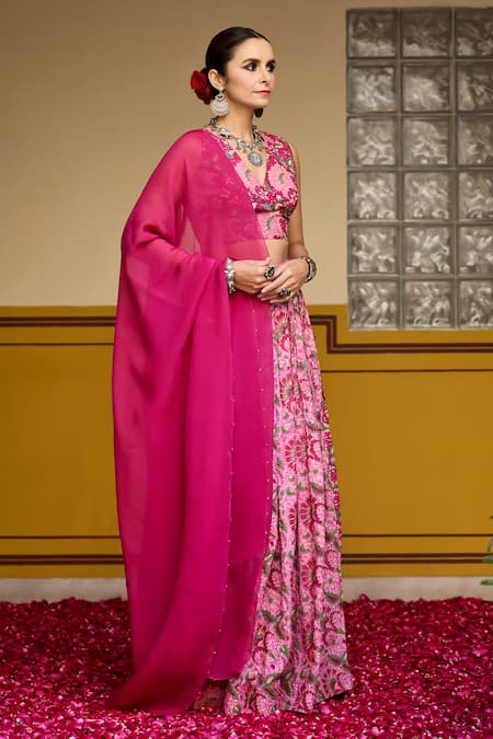 Shop_Baaro Masi_Pink Muslin, Organza Embroidery V-neck Floral Print Blouse Lehenga Set _Online_at_Aza_Fashions