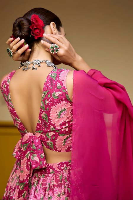 Baaro Masi_Pink Muslin, Organza Embroidery V-neck Floral Print Blouse Lehenga Set _at_Aza_Fashions