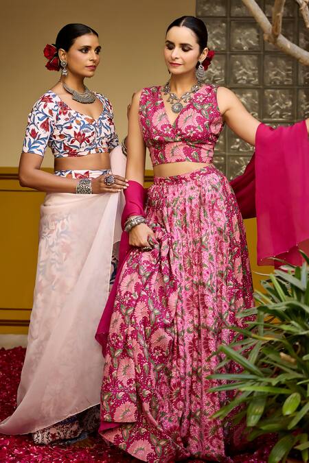Shop_Baaro Masi_Pink Muslin, Organza Embroidery V-neck Floral Print Blouse Lehenga Set 
