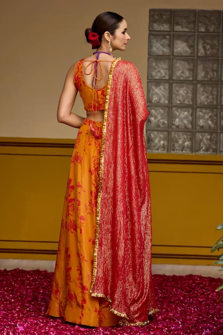 Baaro Masi Floral Print Leaf Neck Blouse Lehenga Set 