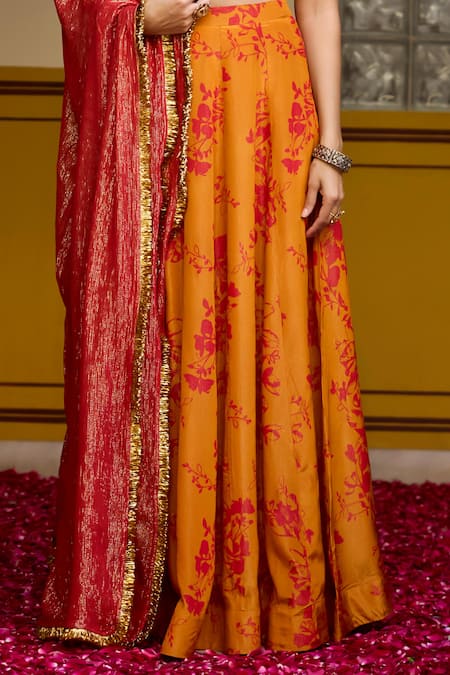Baaro Masi_Yellow Crepe, Lurex, Georgette Floral Print Leaf Neck Blouse Lehenga Set _Online_at_Aza_Fashions