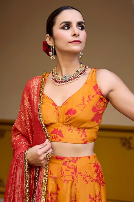 Baaro Masi_Yellow Crepe, Lurex, Georgette Floral Print Leaf Neck Blouse Lehenga Set _at_Aza_Fashions