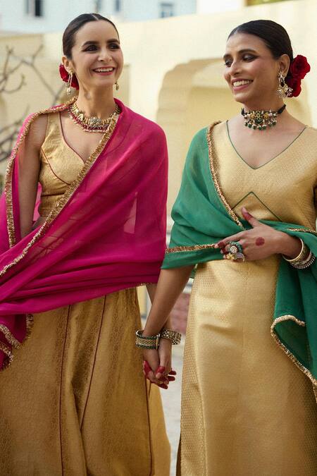 Baaro Masi_Gold Brocade, Organza Embroidery Asymmetric Floral Blouse Lehenga Set _Online_at_Aza_Fashions