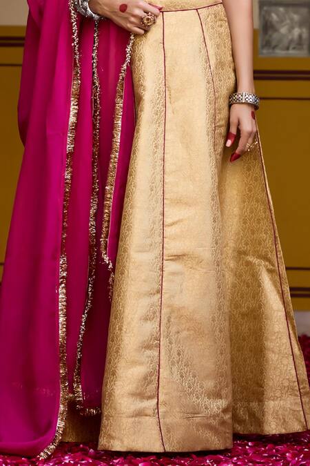 Buy_Baaro Masi_Gold Brocade, Organza Embroidery Asymmetric Floral Blouse Lehenga Set _Online_at_Aza_Fashions