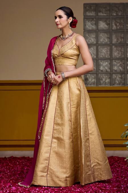 Shop_Baaro Masi_Gold Brocade, Organza Embroidery Asymmetric Floral Blouse Lehenga Set _Online_at_Aza_Fashions