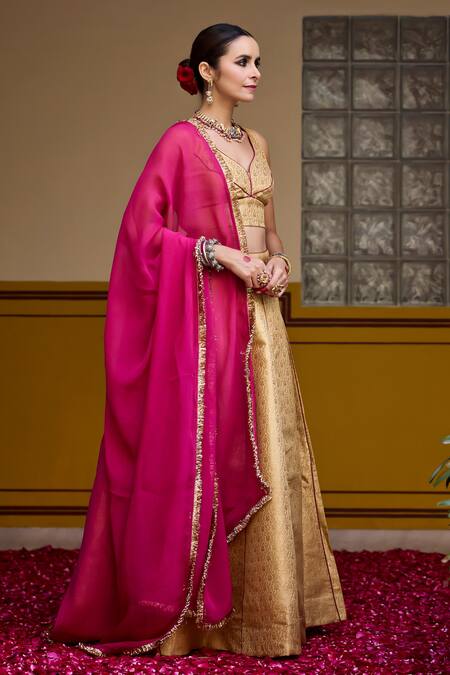 Baaro Masi_Gold Brocade, Organza Embroidery Asymmetric Floral Blouse Lehenga Set _at_Aza_Fashions