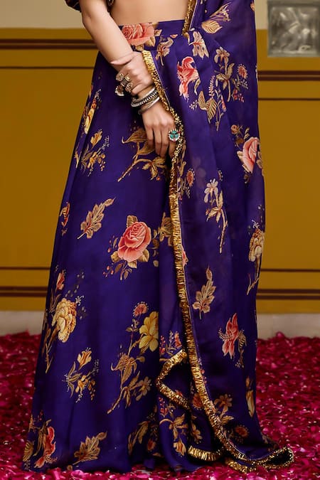 Baaro Masi_Purple Organza Embroidery Sweetheart Neck Floral Pattern Blouse Lehenga Set _Online_at_Aza_Fashions