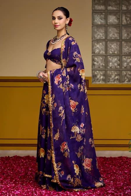 Buy_Baaro Masi_Purple Organza Embroidery Sweetheart Neck Floral Pattern Blouse Lehenga Set _Online_at_Aza_Fashions