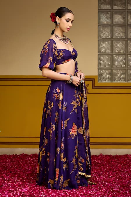 Shop_Baaro Masi_Purple Organza Embroidery Sweetheart Neck Floral Pattern Blouse Lehenga Set _Online_at_Aza_Fashions