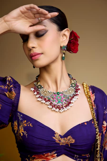 Baaro Masi_Purple Organza Embroidery Sweetheart Neck Floral Pattern Blouse Lehenga Set _at_Aza_Fashions