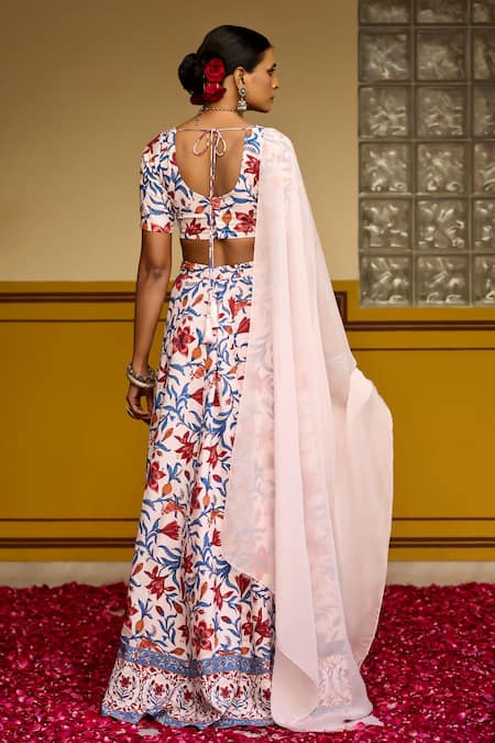 Shop_Baaro Masi_Pink Muslin, Organza Embroidery Asymmetric Floral Print Lehenga Set _at_Aza_Fashions