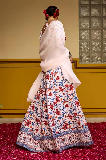 Buy_Baaro Masi_Pink Muslin, Organza Embroidery Asymmetric Floral Print Lehenga Set _Online_at_Aza_Fashions